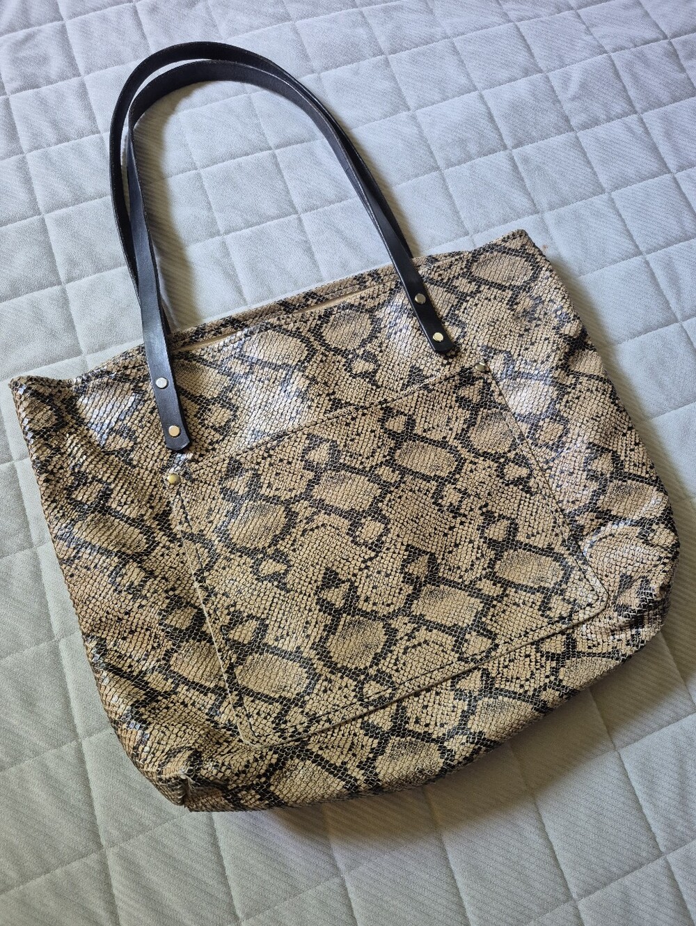 Neutral Snake-Print Tote Bag with Black Handles: Python Embossed Leather